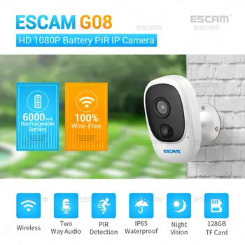 ESCAM G08 1080P Full HD, Перезаряжаемая Батарея для помещений, сигнализация PIR, WiFi-камера