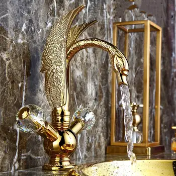 Роскошный золотой лебедь, художественный латунный кран для раковины в ванной с кристаллами, золотой смеситель для холодной и горячей воды с двумя ручками на одно отверстие