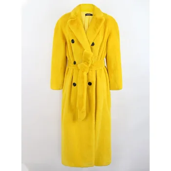 2023 Зимнее Женское Двубортное Пушистое пальто с поясом, Длинное Желто-черное Теплое пальто из искусственного стриженого меха норки, толстая куртка