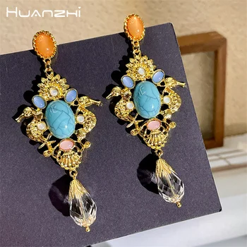 HUANZHI Blue, натуральный камень, хрустальная кисточка, Длинные висячие серьги для женщин, девочек, Преувеличенный шикарный дизайн, Винтажный роскошный ювелирный подарок