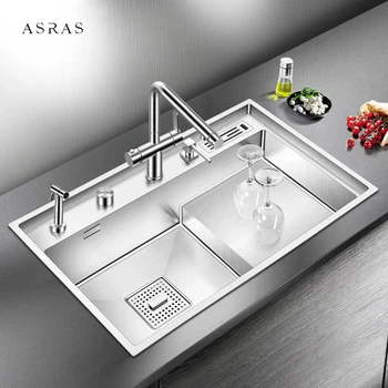 ASRAS 304 Кухонная ступенчатая Раковина из нержавеющей стали Толщиной 4 мм и глубиной 220 мм, Большие Размеры, Матовые ступенчатые кухонные Раковины ручной работы