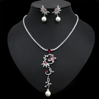 Роскошные Элегантные женские комплекты, Жемчужное ожерелье, серьги, Кубический цирконий, ювелирный набор для новобрачных, ювелирные наборы, свадебные аксессуары