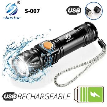 Мощный светодиодный фонарик с Хвостовой USB-зарядной головкой, Масштабируемый водонепроницаемый фонарик, Портативный светильник, 3 режима освещения, Встроенный аккумулятор