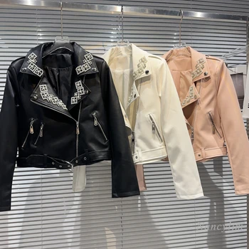Осеннее кожаное пальто на молнии для женщин 2023, Новый отложной воротник с жемчужным бисером, промытая мотоциклетная куртка из искусственной кожи, уличная