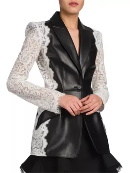 Новая Женская осенняя модная брендовая кожаная куртка, кружевная лоскутная куртка с длинным рукавом и V-образным вырезом, короткая верхняя одежда, куртка из овчины