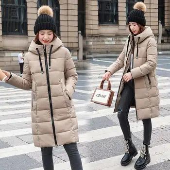Прямая поставка, зимняя модная свободная хлопковая пуховая куртка средней длины с капюшоном, женская стеганая куртка