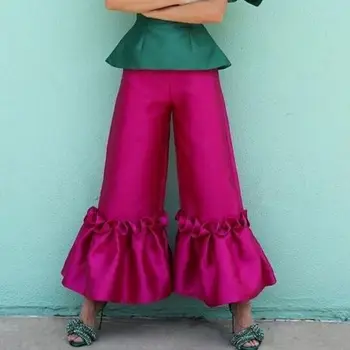 Женские брюки, Розовая Женская одежда, Прямые атласные брюки с оборками Для женщин, Брюки Оверсайз, Большие размеры, Ever Pretty, Длинные Брюки