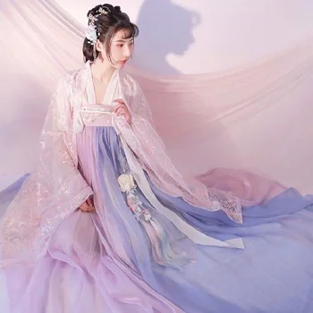 Женский древний костюм феи в китайском стиле Hanfu Элегантная юбка с талией Супер Фея ретро сценическая одежда Древнее платье