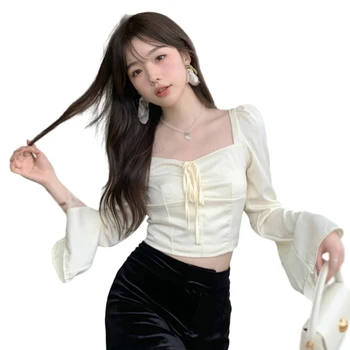 Женская блузка с квадратным вырезом, тонкая сексуальная блузка с темпераментными рукавами-трубами