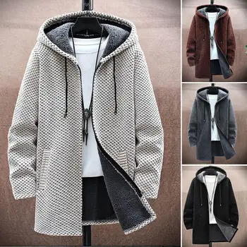 Осенне-зимний Мужской свитер с капюшоном, утепленный, с длинным рукавом, на шнурке, плюшевая подкладка, вязаная куртка средней длины, мужское пальто, уличная одежда