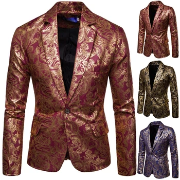Повседневный блейзер, пиджак, костюм для вечеринки, модные роскошные мужские золотистые блейзеры с цветочным рисунком, деловой повседневный костюм