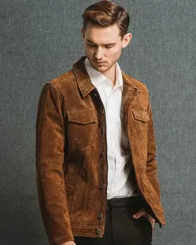 Мужская коричневая замшевая кожаная куртка, приталенная повседневная джинсовая куртка, европейские и американские модные тенденции