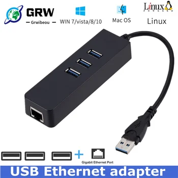 USB Ethernet Адаптер 3 Порта USB 3,0 КОНЦЕНТРАТОР USB к сетевой карте локальной сети Rj45 для Macbook Mac Desktop + Кабель Зарядного устройства Micro USB