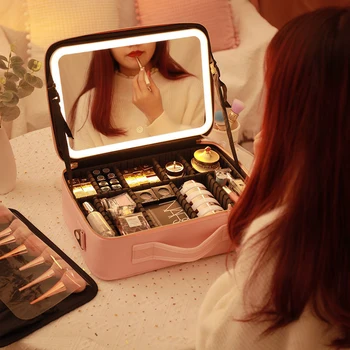 2022 Новая умная светодиодная косметичка с зеркалом Большой емкости, профессиональная Водонепроницаемая дорожная косметичка из искусственной кожи для женщин