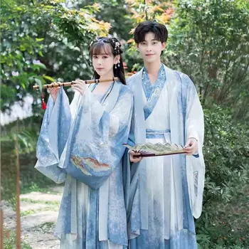 Градиентный синий Hanfu, мужская/женская одежда с китайской традиционной вышивкой, Костюм для косплея, Hanfu Для мужчин/женщин, Плюс размер XL
